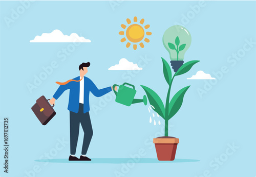 Flat illustration of businessman watering ecology plant with clean energy lightbulb symbolizing sustainability and eco friendly practice