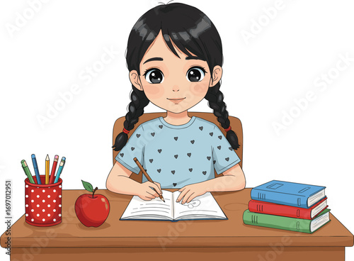 Cartoon child writing at desk, school study scene, educational illustration, back to school concept, learning, books, pencils, apple, classroom