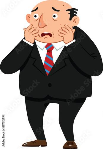 Cartoon businessman worried, anxious expression, emotional reaction, stress concept, surprised character, office attire, vector illustration, panic pose, suit and tie, workplace emotion