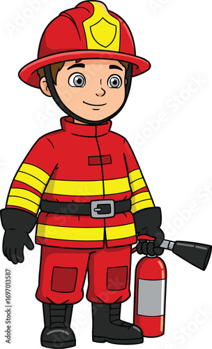 Cartoon firefighter character, emergency response, fire safety, protective gear, red uniform, public service, vector illustration, rescue worker, safety awareness, heroic pose
