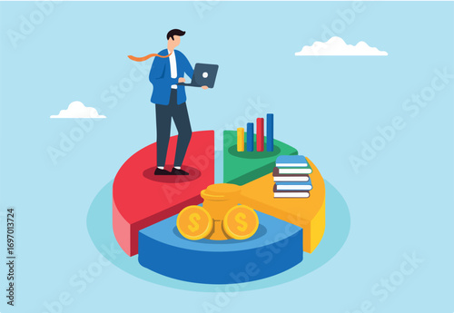 Flat illustration of businessman works on laptop analyzing pie chart for asset allocation and financial diversification