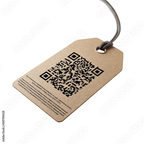 A light brownish-tan paper tag with a QR code.  A gray cord hangs from a small hole