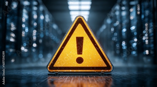 Urgent warning alert sign in modern data center with glowing server racks signifies critical system error or security breach notification