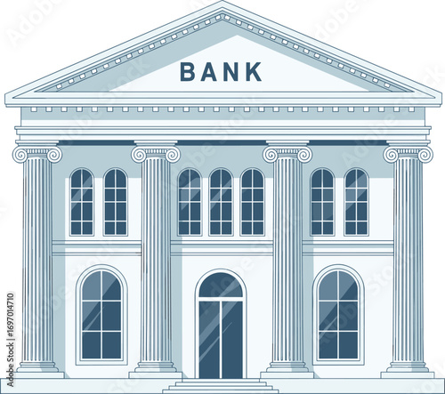 Bank, building, classical, architecture, columns, pediment, financial, institution, facade, entrance, windows, vector, cartoon, finance, money, economy, structure, stability, formal, illustration
