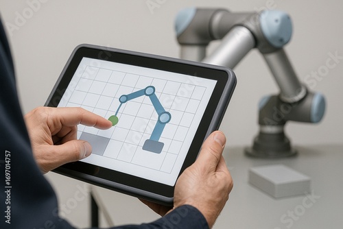 An operator programming a cobot using an intuitive tablet interface.