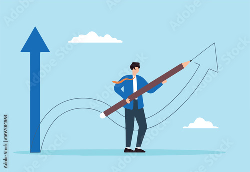 Flat illustration of businessman draws new arrow symbolizing changing direction for better career opportunity