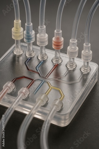 A complex lab-on-a-chip microfluidic device with colorful fluid channels.