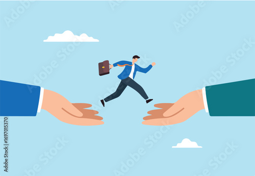 Flat illustration of businessman leaping between two giant hands to represent opportunity career transition and decision making with support