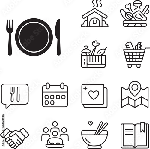 Collection of black and white line art icons for dining shopping and planning icon set plate