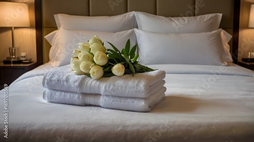 Hotel Room Towel Display – Perfectly folded towels on a hotel bed with fresh flowers, storytelling of hospitality and premium service 2