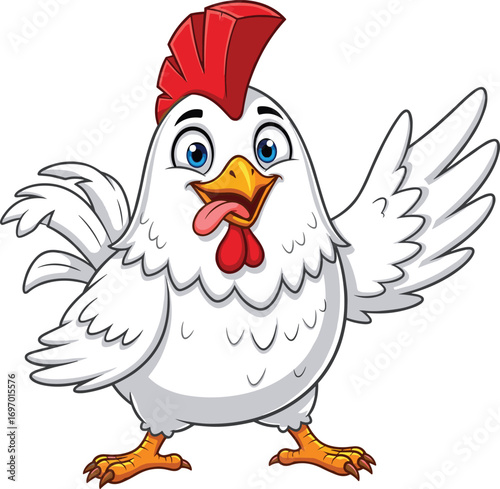 Cartoon chicken character, playful expression, white feathers, vector illustration, cheerful animal, open wings, tongue out, stock image, isolated design, editable artwork
