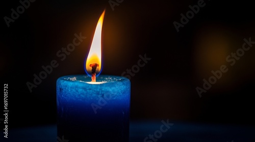 Close-up of flickering flame on blue candle in dark room
