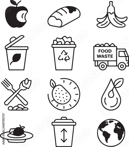Food waste icons showing apple bread banana peel trash can truck earth bitten apple
