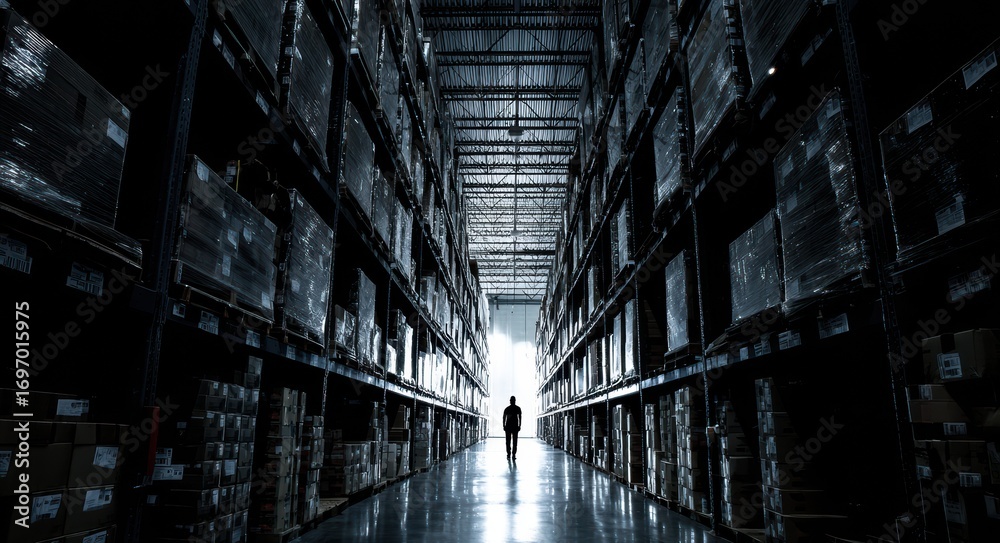 Fototapeta premium black warehouse, high ceilings, rows of tall metal shelves