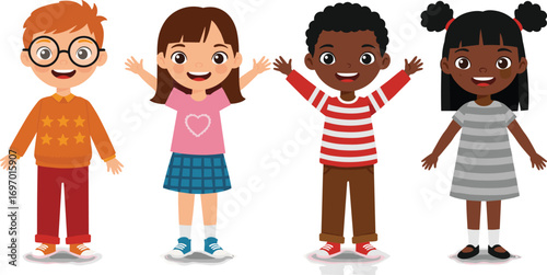 Group of happy cartoon children standing together, diverse kids illustration, smiling boys and girls, friendship concept artwork, childhood education design character