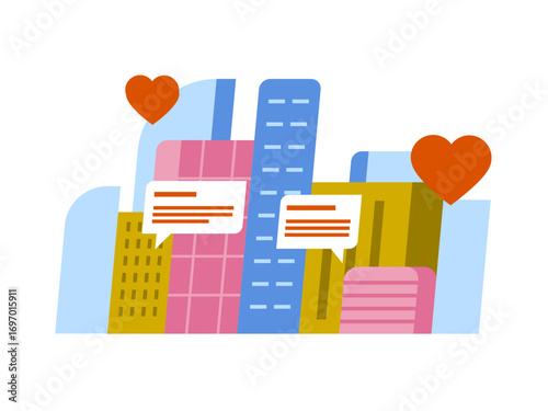 City skyline with chat bubbles and hearts