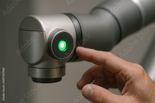 Human finger activating a collaborative robot with a green light.