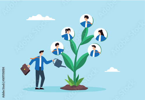 Flat illustration of businessman waters growing tree with employees illustrating HR role in career growth and development
