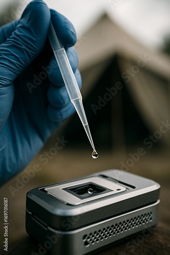 Nanopore field sequencer in handheld action, a scientist collects a sample outdoors.
