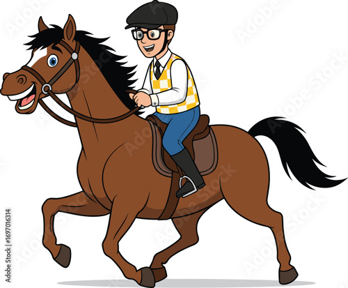 Cartoon horse, rider illustration, galloping animal, vector art, cheerful character, horseback riding, brown horse, outdoor activity, isolated, stock clipart