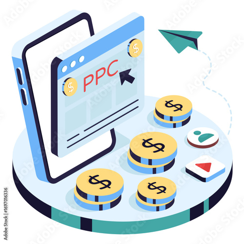 Conceptual isometric design illustration of pay per click