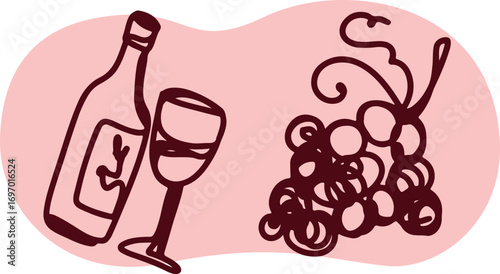 Wine. Winemaking Serving A glass and wine. People drink wine. Pleasure from life. Line art	
