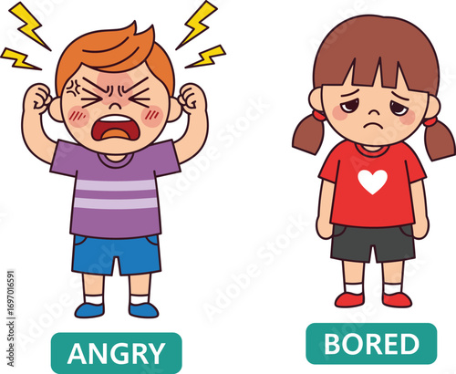 Cartoon kids showing emotions, angry boy, bored girl, emotional expressions, children feelings, educational illustration, vector art, mood icons, behavior