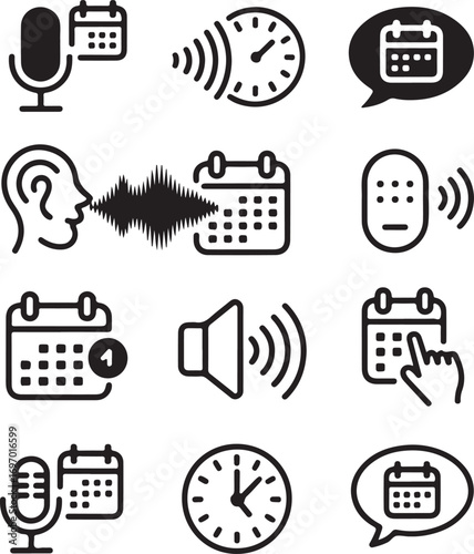 Collection of black outline icons for calendar time microphone and sound waves