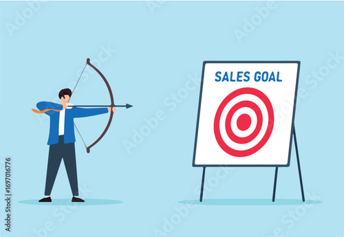 Flat illustration of confident businessman aiming bow and arrow at bullseye target labeled sales goal on whiteboard