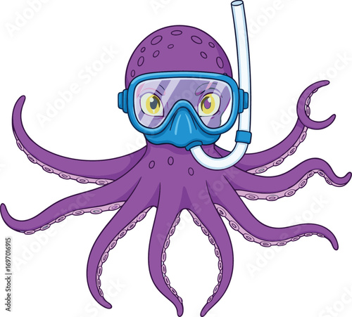 Cartoon octopus, snorkeling animal, purple sea creature, vector illustration, underwater theme, scuba gear, ocean life, funny character, isolated, stock art