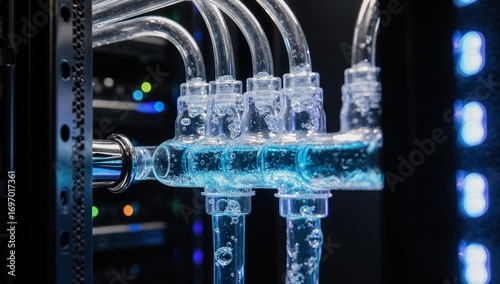 Close-up of a liquid cooling data center manifold with flowing blue coolant.
