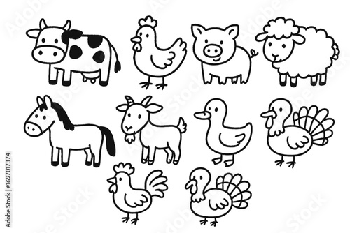 Cute Farm Animal Doodles. Farm animals doodle set: hand drawn cute livestock icons, isolated transparent background
