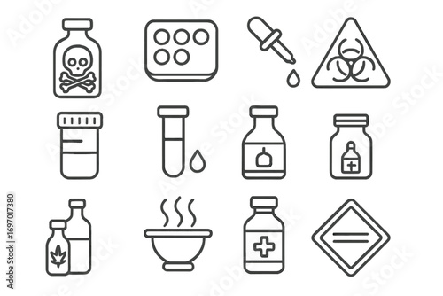 Toxicology Line Icons. Line style icons of toxicology and chemical tests: poison bottle, reaction tray, test drip icon, urine