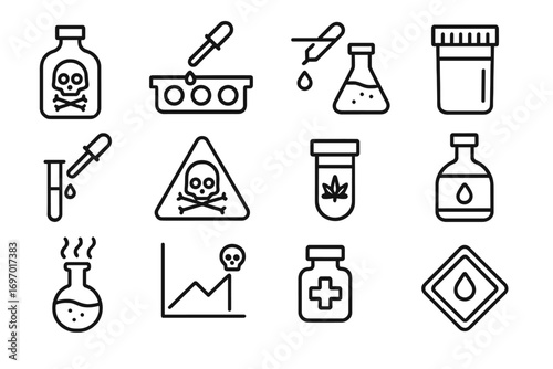 Toxicology Line Icons. Line style icons of toxicology and chemical tests: poison bottle, reaction tray, test drip icon, urine