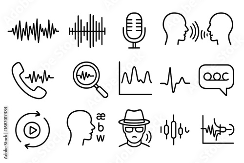Voice Forensics Icons. Line style icons of voice and speech forensics: waveform icon, voiceprint chart, microphone input, voice