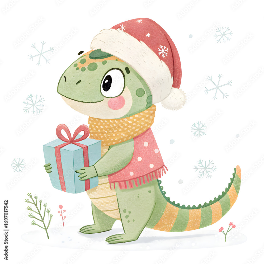 Naklejka premium Festive lizard character donning santa hat, warm scarf, clutching christmas gift among softly falling snowflakes, adding whimsical holiday cheer