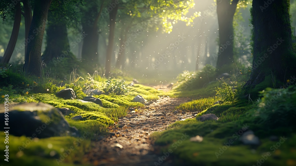 Fototapeta premium Moss covered woodland path glowing under sunlight high resolution picture