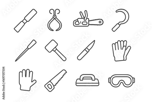 Ice Sculpting Tools Icons. Line style icons of ice sculpting tools: carving chisel, ice tongs, sculpting chainsaw, curved scraper,