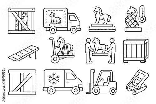 Ice Sculpture Transport Icons. Line style icons of transportation of ice sculptures: ice crate, padded truck, rubber mat,