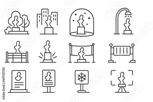 Public Sculpture Icons. Line style icons of public sculpture displays: city park base, central square, ice dome, outdoor light