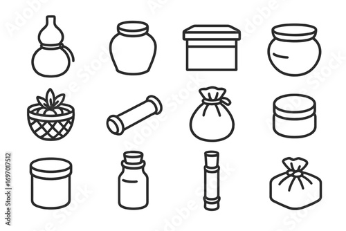 Traditional Medicine Containers. Line style icons of traditional medicine containers: gourd bottle, ceramic jar, wooden box, clay