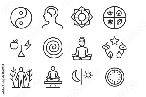 Holistic Balance Icons. Line style icons of holistic balance concepts: yin-yang circle, mind-body icon, chakra wheel, seasonal