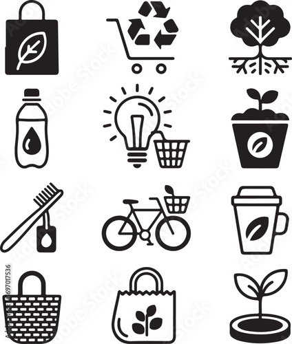 Collection of black and white eco friendly icons on white background sustainability recycling