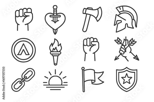 Warrior Icon Tattoos. Line style icons of warrior and strength tattoos: clenched fist, sword through heart, battle axe, Roman