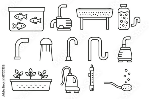 Aquaponics System Components. Line style icons of aquaponics system components: fish tank, water pump, grow bed, biofilter, water