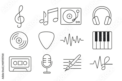 Music Tattoo Icons. Line style icons of music-inspired tattoos: treble clef, music notes, record player, headphone set, vinyl disk
