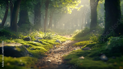 Moss covered woodland path glowing under sunlight high resolution picture