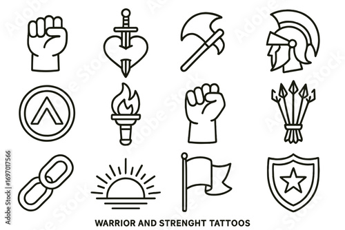 Warrior Icon Tattoos. Line style icons of warrior and strength tattoos: clenched fist, sword through heart, battle axe, Roman