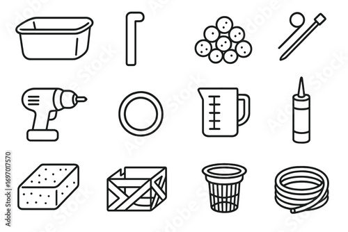 DIY Aquaponics Essentials Icons. Line style icons of DIY aquaponic materials: plastic tub, PVC pipe, clay pebbles, zip ties, drill