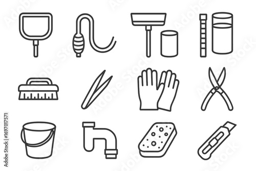 Maintenance Tools Icons. Line style icons of maintenance and cleaning tools: net skimmer, siphon hose, algae scraper, water
